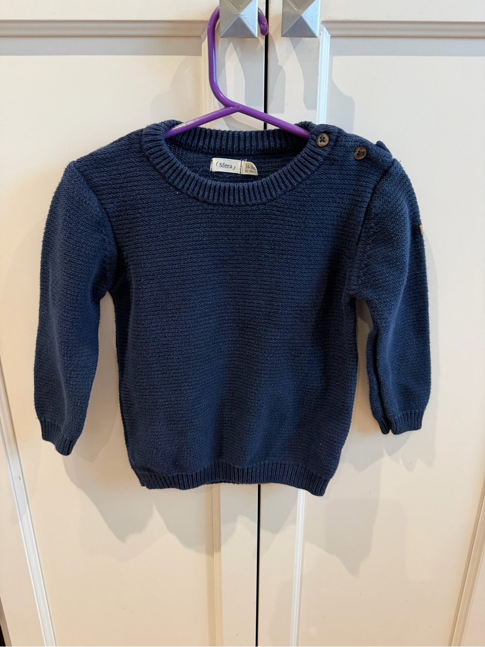 Sfera 24-36m Navy Blue Knit Crewneck Sweater with Shoulder Buttons